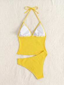 Swim Mod Hàng mới về: Áo hai dây và bikini màu xanh dương gợi cảm kiểu Âu và Mỹ, trang trí vỏ sò, đồ bơi tôn dáng cho nữ, thích hợp cho kỳ nghỉ biển. Bộ bikini màu vàng, trang phục đi biển cho nữ, bộ tankini hai mảnh. - Màu vàng - Xem 2