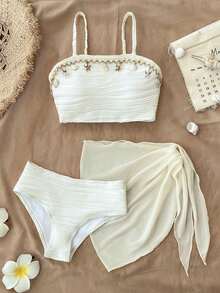 SHEIN 3件套女童可爱泳衣套装，含网纱围巾，时尚设计，款式端庄，适合海滩、游泳、度假、夏季穿着。 - 米色 - 查看 1