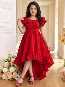 SHEIN Tween Girl Elegant Round Neck Multi-Layer Ruffle Front Short Back Long Dress Tween Girl - White - View 2