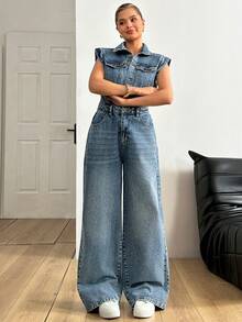 100% Cotton Women Denim Blue Fashionable Casual Overall Button Front Streetwear Detail - Medium Wash - View 7