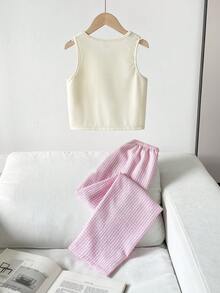 女童米色罗纹背心上衣，饰有可爱的蓝色兔子印花，搭配格子裤，两件套舒适睡衣套装 - 粉色 - 查看 2