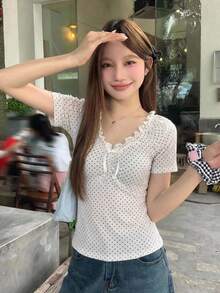 DAZY 韩版波点优雅无袖蝴蝶结女式衬衫 - 白色 - 查看 2