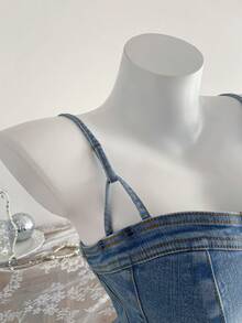 Elamini 女士拉链修身牛仔吊带背心 - 藍色 - 查看 4