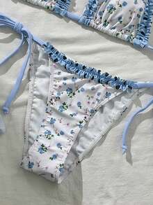 Swim Mod Conjunto de bikini con cuello de halter y volantes con estampado aleatorio para mujer, primavera/verano - Multicolor - Ver 6