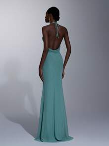 Elitara Elegant Teal Summer Bridesmaid Cocktail Evening Dress Mint Green High-Stretch Mesh Spaghetti Strap Halter Backless Fishtail Maxi With Metal Decor - Mint Green - View 4