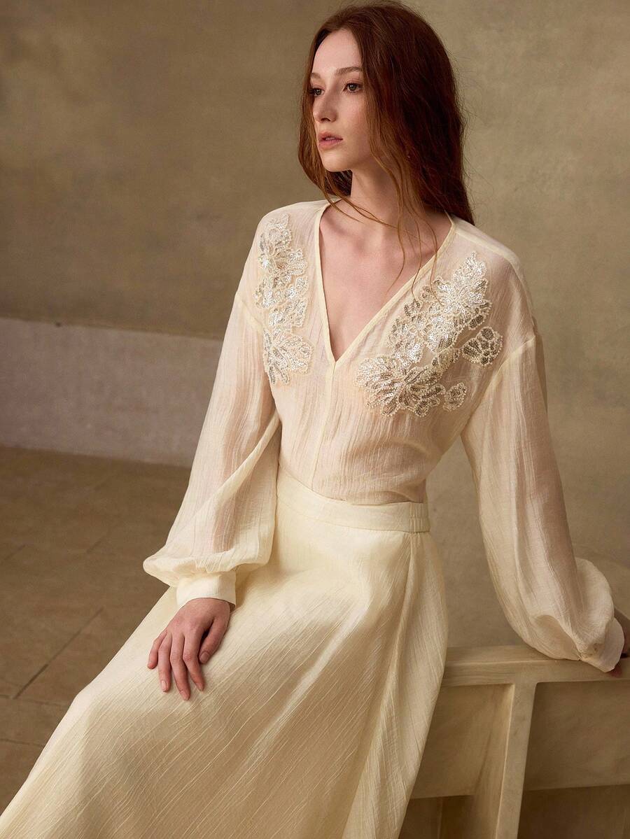 MOTF PREMIUM SPRING/SUMMER NEW BEADED COLLAR V-NECK LONG SLEEVE FASHIONABLE ELEGANT OFFICE LADY TOP - Apricot - View 2