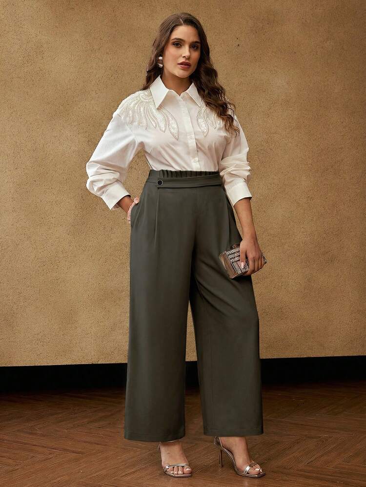 PLUS SIZE WOMEN'S FOLD PLEATED ASYMMETRIC VERSATILE ELEGANT PANTS, SUITABLE FOR WORK, SPRING/SUMMER