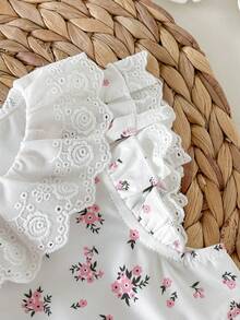 Newborn Baby Girl Cute Floral Pattern Ruffle Trim Romper, Summer - White - View 7