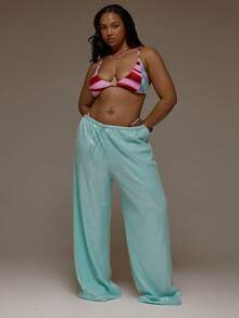 MUSERA Plus Size Tie Waist Sequin Wide Leg Pants Trousers Beach Vacation Holiday Spring Summer Ibiza Festival - Green - View 1