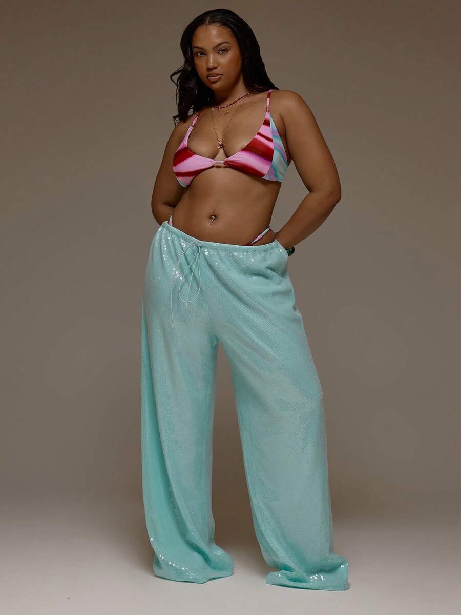 MUSERA Plus Size Tie Waist Sequin Wide Leg Pants Trousers Beach Vacation Holiday Spring Summer Ibiza Festival - Green - View 1