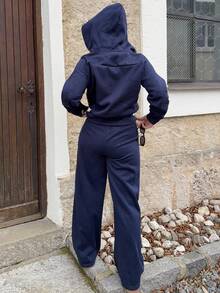 Jeta Ari 女士休闲连帽运动衫卫衣和阔腿裤两件套，秋季 - 藏蓝色 - 查看 2