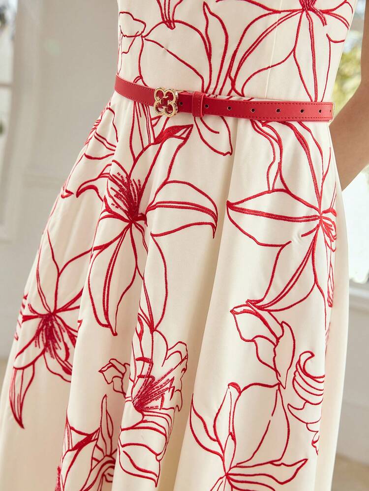 WOMEN'S SLEEVELESS EMBROIDERED BELTED MIDI DRESS, ELEGANT FOR DATES, SPRING/SUMMER