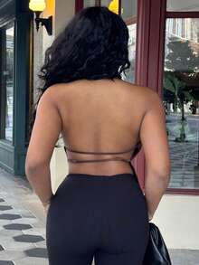 Alexandranx Women's New Turtleneck Open Back Tie Hem Brown Tank Top For Autumn/Winter Party & Evening - Brown - View 2