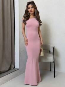 Jemour 夏季服装、日常约会和旅行装、派对装、优雅女士内衣、外出装、斜肩不对称加长鱼尾裙、俱乐部女士装、约会装、宴会礼服 - 粉色 - 查看 5