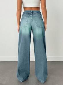 EURMUSE 100% Cotton LOW RISE WIDELEG CUT VINTAGE WASH Y2K STYLE JEAN - Teal Blue - View 2