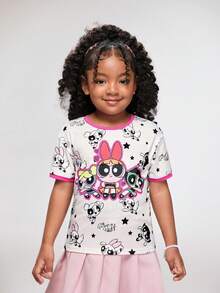 THE POWERPUFF GIRLS X SHEIN 女童休闲卡通印花短袖T恤，夏季 - 彩色 - 查看 4