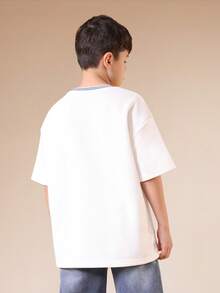 SUMWON Boys Oversized White Crew Neck T-Shirt With Blue Contrast Tipping And Embroidered Text Detail Short Sleeve Casual Tee - Apricot - View 2