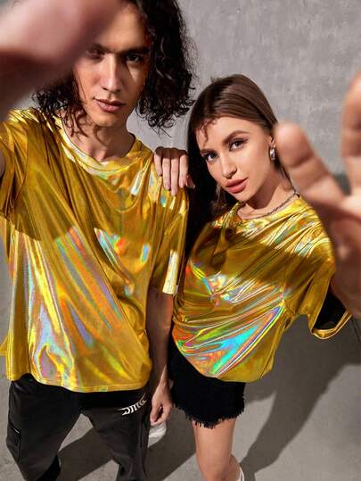 Manfinity Unisex 1件超大款全息落肩T恤