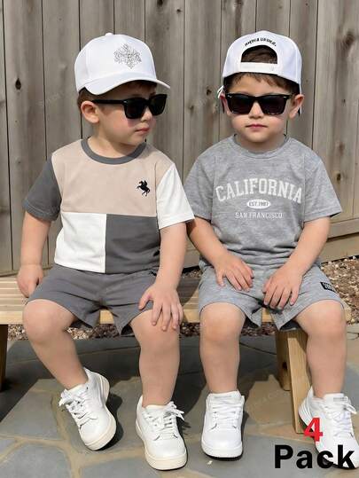 SHEIN Conjunto de 4 piezas/Set de niño joven con camiseta de manga corta y cuello redondo, y pantalones cortos minimalistas casuales, adecuado para el verano