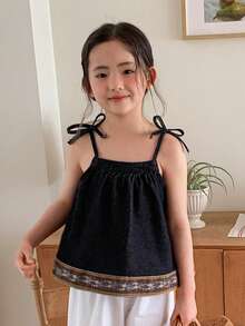 DAZY 女童休闲碎花印花牛仔吊带背心，夏季 - 藍色 - 查看 5