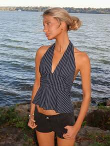 Sydney Algeri Halter Deep V-Neck Cinched Waist A-Line Backless Striped Tank Top - Grey - View 5