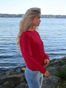 Sydney Algeri 女式不对称肩部不对称颈部两用纯色长袖毛衣，秋冬针织套头衫秋季 - 紅色 - 查看 3