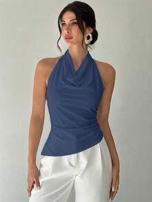 Firerie 女士新款优雅通勤衬衫，不对称领无袖露背吊带可调节纽扣装饰修身黑色办公衬衫，女士通勤衬衫，春夏服装，通勤，优雅，性感 - 霧霾藍 - 查看 3