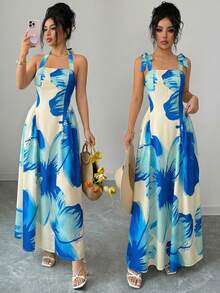 asdQadelle Vestido casual de mujer sin mangas con estampado floral, diseño de cintura ceñida y línea A, estilo romántico adecuado para vacaciones, paseos por el jardín, té de la tarde y otras ocasiones casualesasd XHHY - lago azul - Ver 4