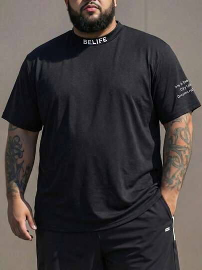 ResortEase 男士加大码字母标语印花立领休闲短袖 T 恤，适合外出男士加大码 T 恤超大 T 恤男士街头服饰街头服饰衬衫