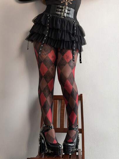 Whyspr Punk Sexy Sheer Rhombus Plaid Skinny Women's Leggings In Black & Red