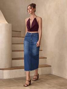 Selenza 女士优雅休闲开衩复古牛仔蓝A字裙，四季皆宜 - 中等水洗藍 - 查看 7