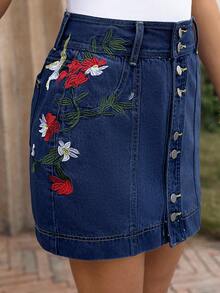 EMERY ROSE Chân váy denim nữ dáng suông, thêu hoa, có túi. - Màu xanh lam - Xem 3