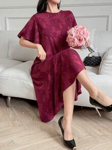 DAZY 女士镂空花卉圆领短袖优雅中长连衣裙 女士太阳裙 - 酒紅色 - 查看 4