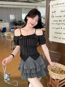 DAZY Áo sơ mi nữ hai dây kẻ sọc kiểu Hàn Quốc in chữ tiếng Anh, kiểu dáng thường ngày. - màu đen - Xem 5