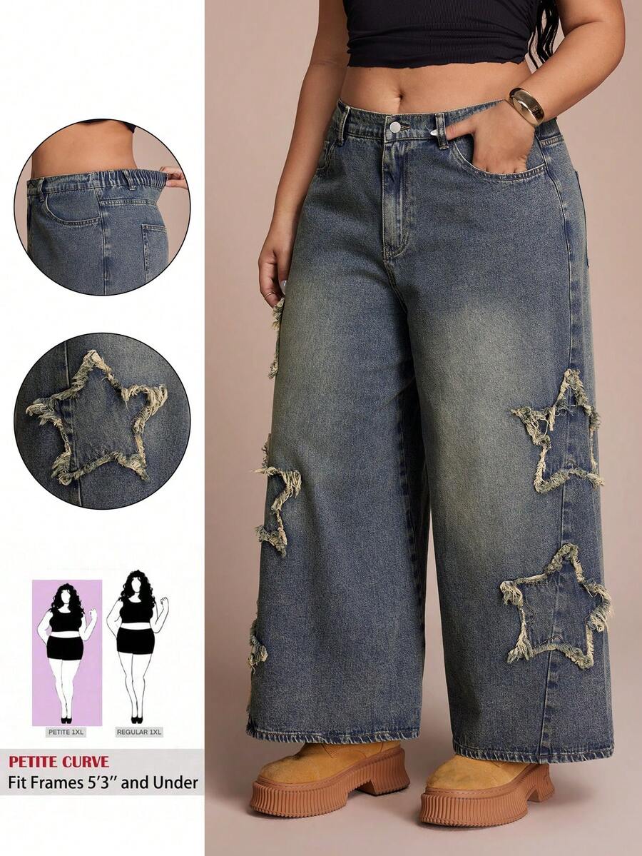 SHEIN PETITE CURVE Quần jeans nữ cỡ lớn cạp cao ống rộng phong cách Y2K, màu xanh vintage, họa tiết ngôi sao, rách tua rua, kiểu dáng thường ngày, phong cách đường phố. - Rửa trung bình - Xem 1