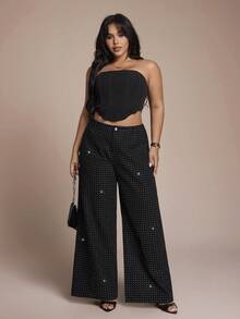 SHEIN Tall CURVE Pantaloni larghi neri con vita alta, decorati con cristalli, adatti per donna curvy, per occasioni casual, feste, matrimoni e compleanni - nero - Visualizzare 7