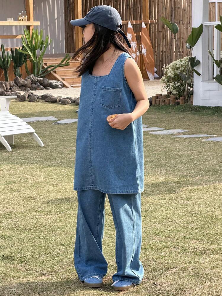 Tween Girls' Fashionable Denim Set, Sleeveless Dress And Wide Leg Pants