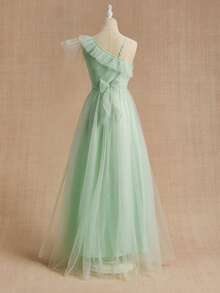 优雅飘逸的单肩荷叶边领口荷叶边袖子收腰连衣裙，纯色，适合婚礼、正式场合、派对、演出、生日等各种场合，四季皆宜。优雅绿色连衣裙，少女浅绿色连衣裙，少女荷叶边袖连衣裙，浅绿色伴娘礼服，单肩连衣裙，伴娘礼服，夏季优雅女士连衣裙，女士春季连衣裙 - 綠色 - 查看 2