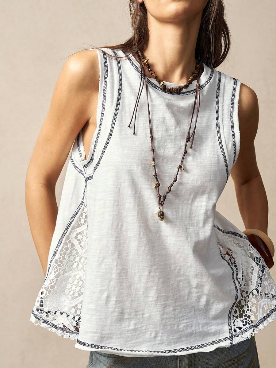 Bohemela 女士夏季休闲度假浪漫优雅法式海滩波西米亚乡村音乐节西部蕾丝拼接A字白色吊带背心，夏季女士，自由休闲风格，海滩，夏季度假，派对，外出上衣 - 白色 - 查看 1