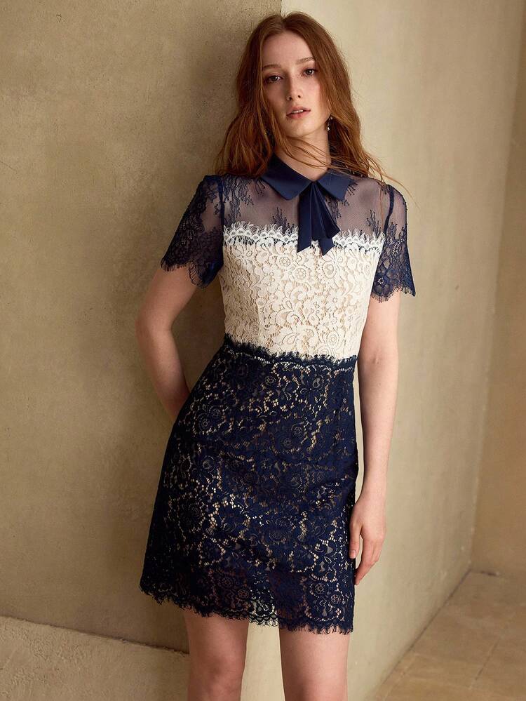 WOMEN'S LACE PATCHWORK WAIST CINCHED SHORT SLEEVE DRESS