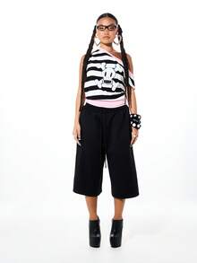 SUMWON X PAUL FRANK SUMWON WOMEN Women's Off The Shoulder Striped Tank Top With Skull Crossbones Print Pink Black White Design Casual Summer - Multicolor - View 5