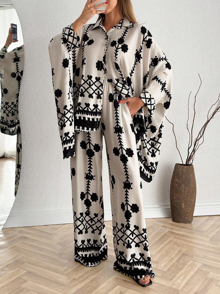 Women's Bohemian Style Casual Long Sleeve Printed Shirt And Pants 2 Pieces Set - White - View 1