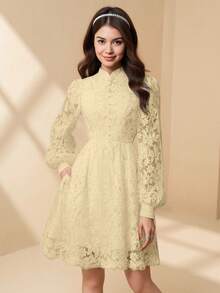 Teen Girl Elegant Elegant Luxurious White Lace Lantern Sleeve Long Sleeve Waist Snug Fit Gorgeous Ruffle Puff Dress For Teenage Girls - Apricot - View 6