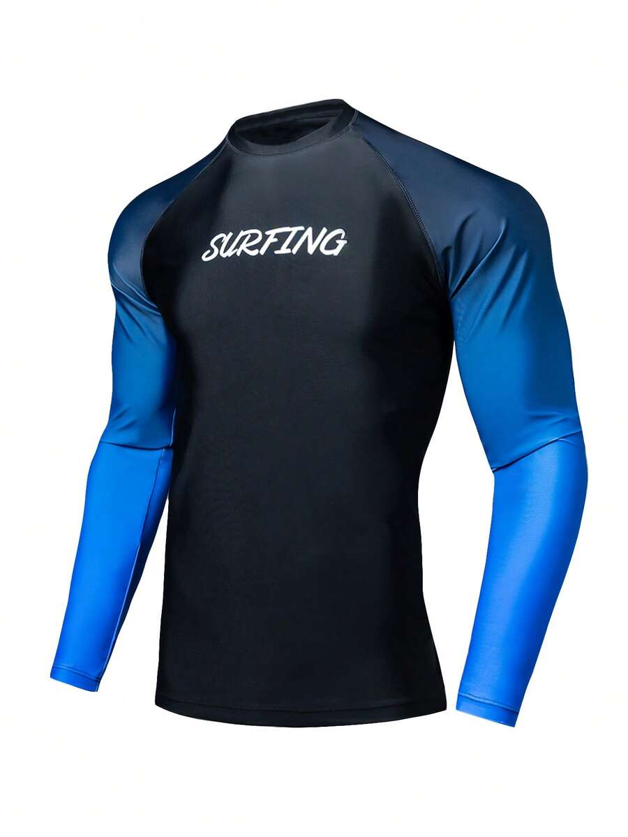 Manfinity KASUA Men's Letter Print Ombre Raglan Long Sleeve Rash Guard Mens Rash Guard Shirt Men Swim Shirt Mens Pool Outfit Beach Wear For Men Men Swim Suit Vacation - Multicolor - View 1