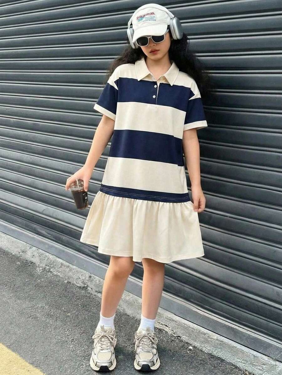 SHEIN Explorewe 少女休闲条纹短袖迷你连衣裙,蓝白相间,适合夏季穿着,运动风连衣裙 - 黑與白 - 查看 1