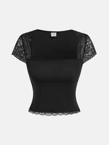 Girlism Teen Girls Lace Patchwork Square Neck Fitted T-Shirt - Black - View 1