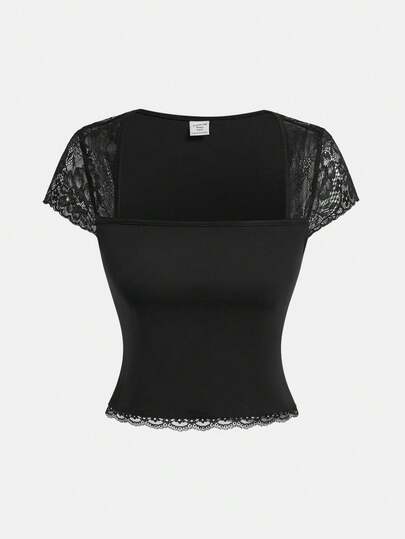 Girlism Camiseta ajustada con cuello cuadrado y parches de encaje para adolescentes