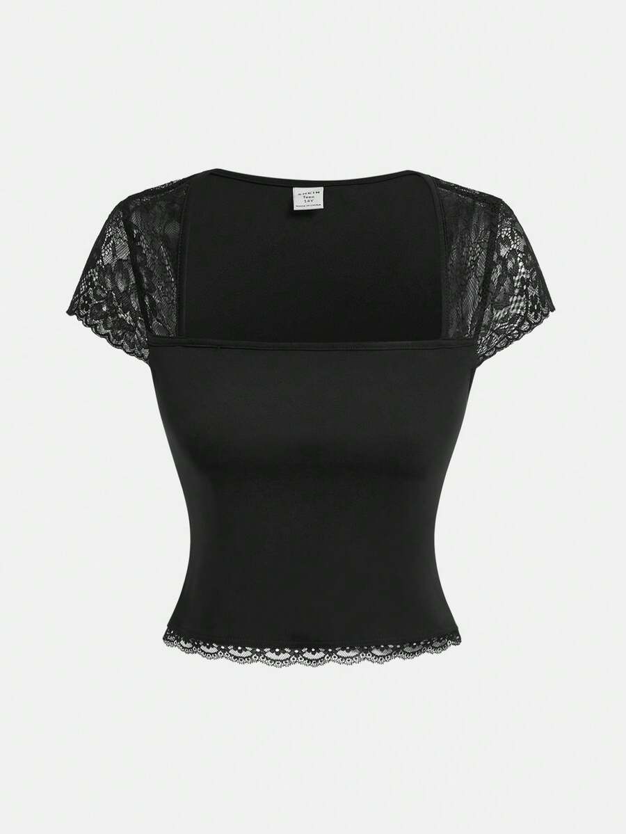 Girlism Teen Girls Lace Patchwork Square Neck Fitted T-Shirt - Black - View 1