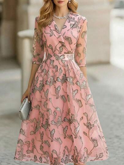 Balvessa Vestido formal largo con estampado de hojas elegante para mujeres, primavera/otoño