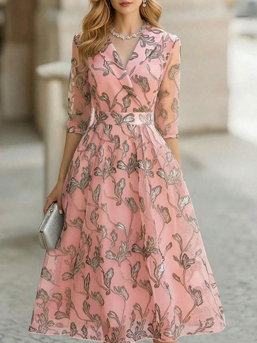 EMERY ROSE 优雅树叶图案长款正式连衣裙,适合春秋季女性穿着 - 彩色 - 查看 1